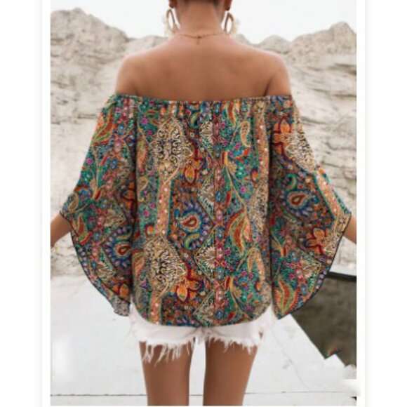 rainbow colorful boho gypsy paisley print off the shoulder flutter sleeve top - Picture 2 of 2
